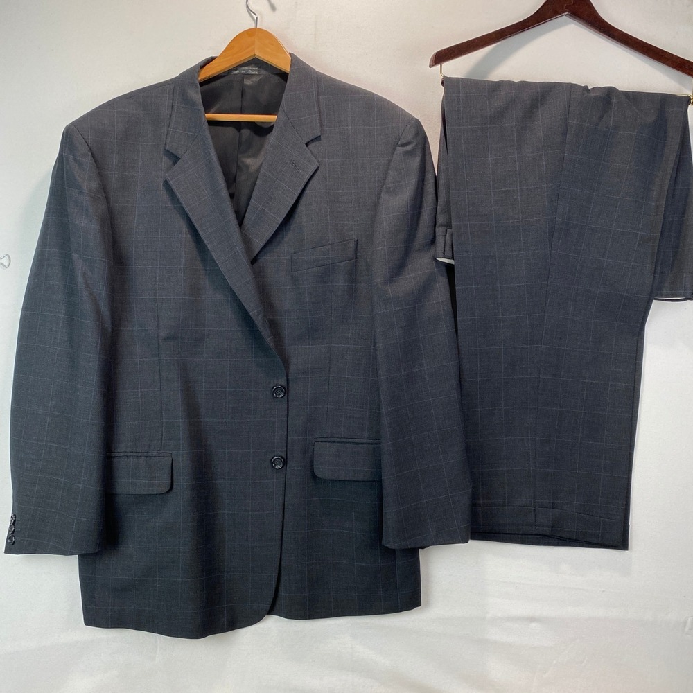 VTG Carlton Windsor Mills Merino Wool Suit Mens 40x30 Gray Blue Windowpane Plaid